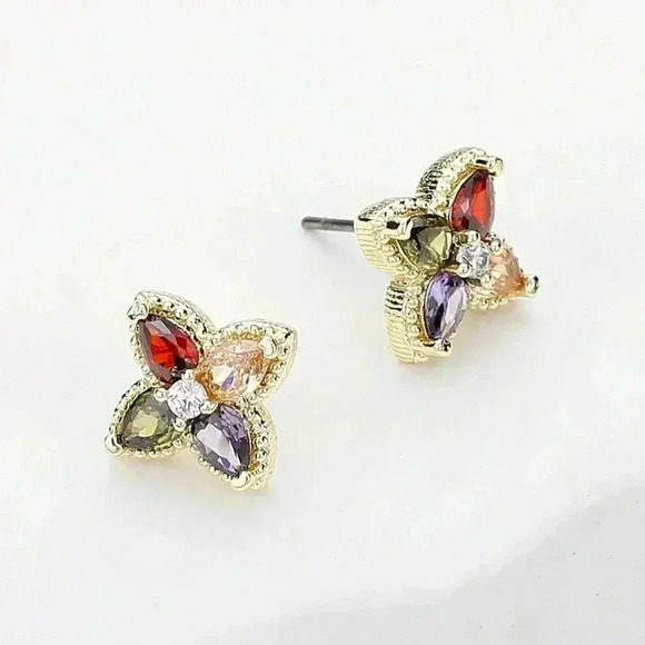 14K Gold Multi CZ Embellished Stone Earrings - Picture 2 of 2